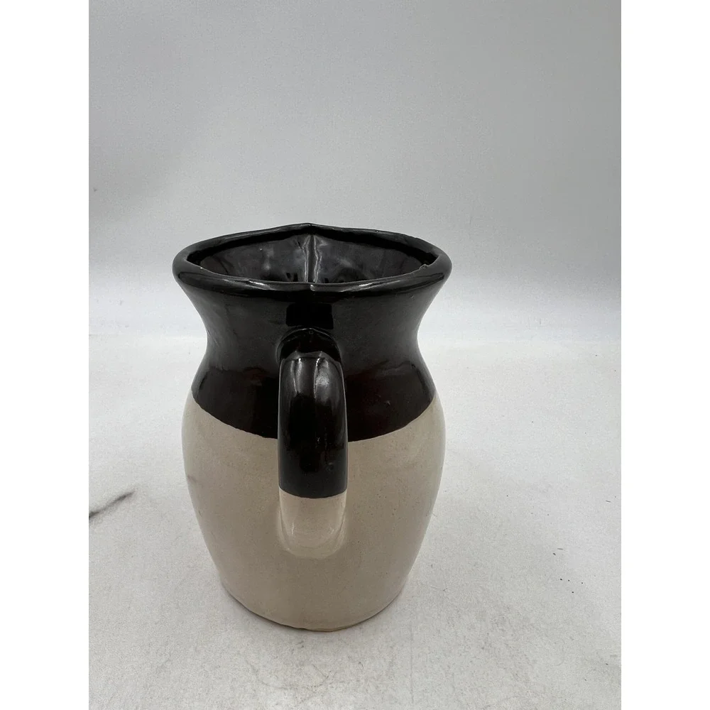 Vintage Stoneware Pitcher Brown Tan Glazed Two Tone Farmhouse Creamer 4.75in